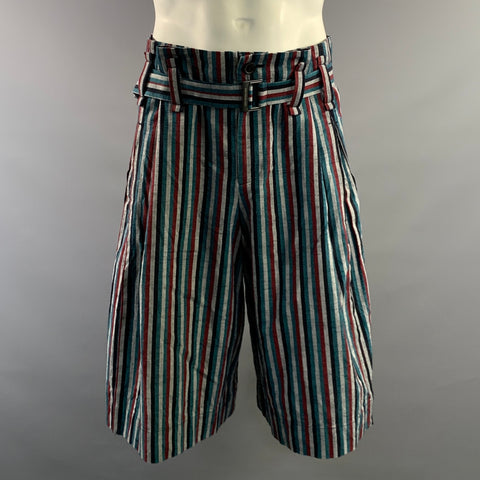 ISSEY MIYAKE Size L Grey Teal & Red Stripe Cotton Belted Shorts