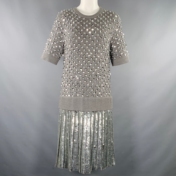 MICHAEL KORS COLLECTION Size L Grey Silver Merino Wool Sequined Pleated Dress