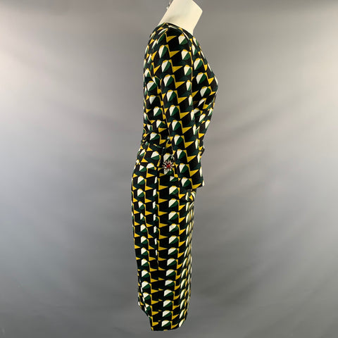 AZADEH Size M Black White Green & Yellow Polyester Blend Geometric Belted Dress