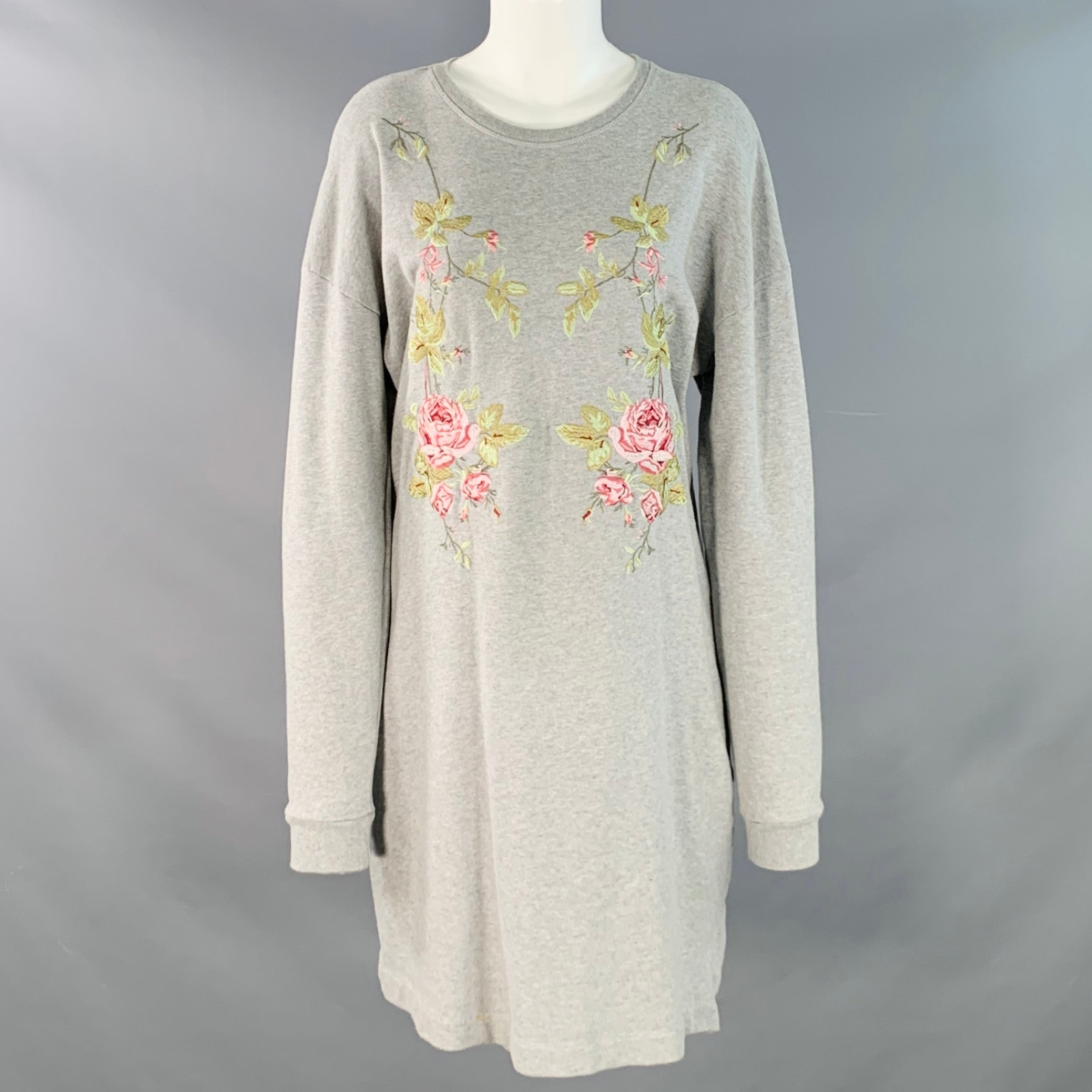 MCQ by ALEXANDER MCQUEEN Size S Grey Pink Green Cotton Embroidered Shift  Sweatshirt Dress