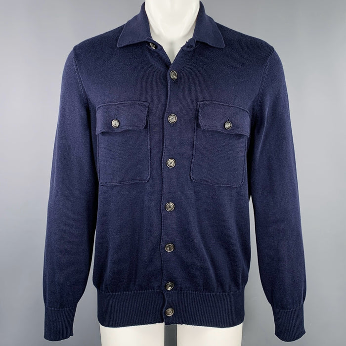 BRUNELLO CUCINELLI Size M Navy Knit Cotton Patch Pockets Cardigan