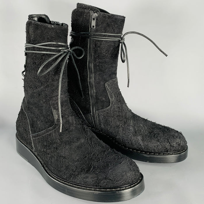 ANN DEMEULEMEESTER Size 13 Victor Black Textured Suede Side Zipper Boots