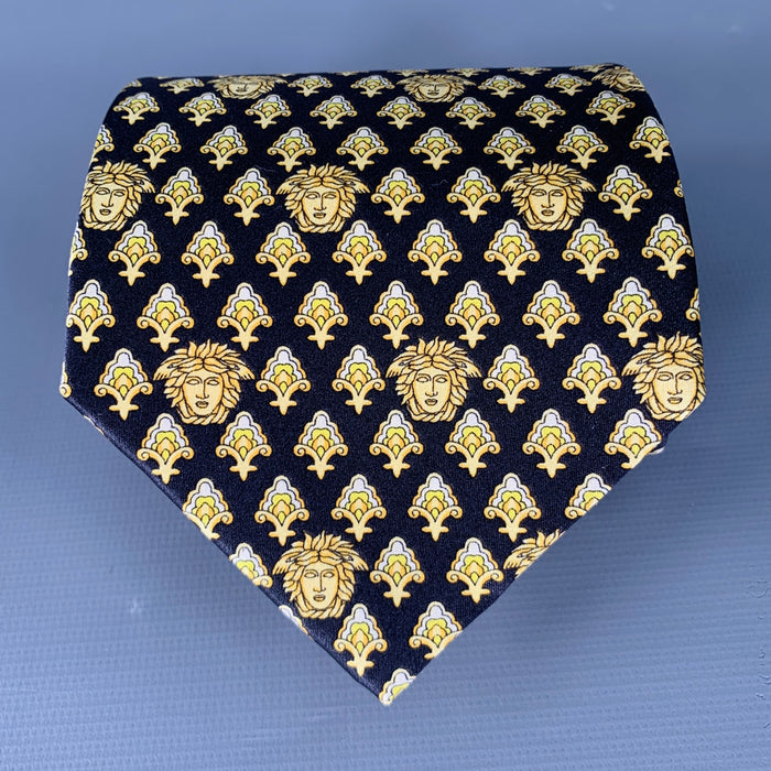 GIANNI VERSACE Black Gold Medusa Heads Silk Tie