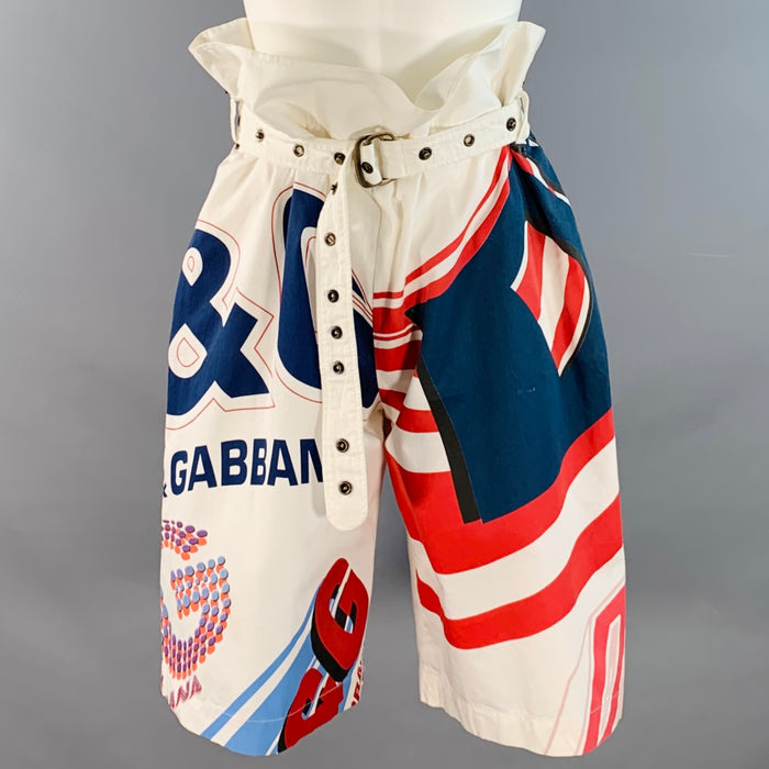 D&G by DOLCE & GABBANA Size 4 White Multi Color Cotton Logo Belted Shorts