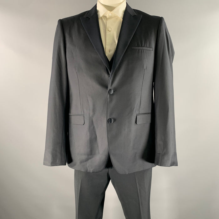 CALVIN KLEIN Size 44 Navy Wool Peak Lapel 3 Piece Tuxedo