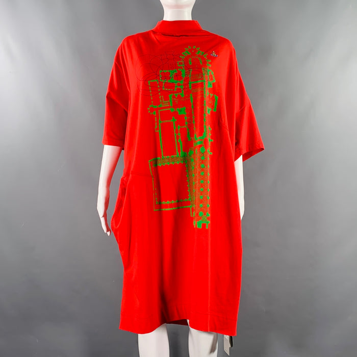 VIVIENNE WESTWOOD Size M Red Cotton Graphic Side Buttons Cathedral T-Shirt Dress