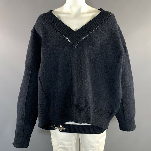 RAF SIMONS FW2018 Size L Navy Knitted Wool V Neck Sweater