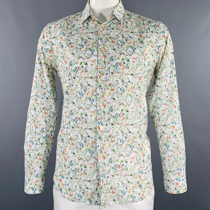 PAUL SMITH Size XL White Multi Color Floral Cotton Long Sleeve Shirt