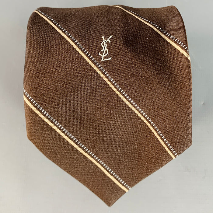 YVES SAINT LAURENT Vintage Brown Tan Diagonal Stripe Silk Skinny Tie