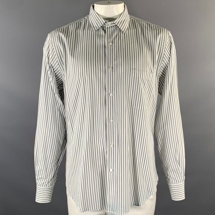 LORO PIANA Size L Green White Blue Stripe Cotton Long Sleeve Shirt