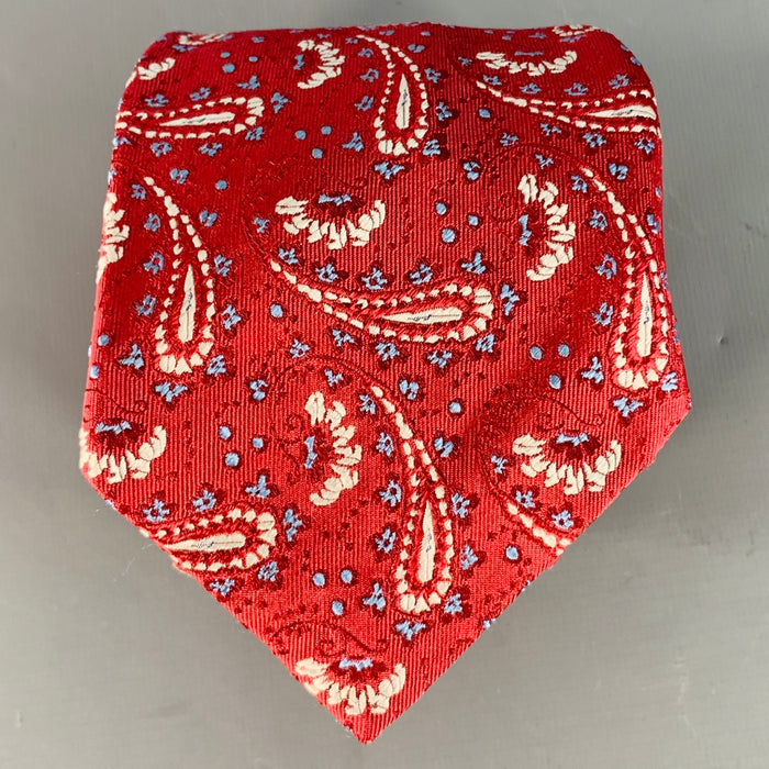 ISAIA Red White Paisley Jacquard Silk Tie