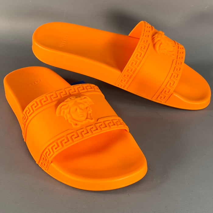 VERSACE Size 9.5 Orange Medusa Acetate Slip On Slide Sandals
