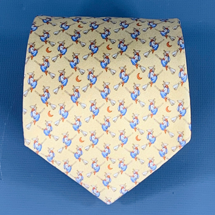 SALVATORE FERRAGAMO Halloween Witches Yellow Multi Color Print Silk Tie