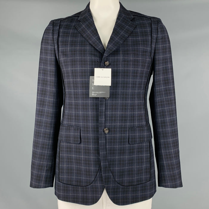 COMME des GARCONS Size L Black Navy Grey Plaid Wool Sport Coat