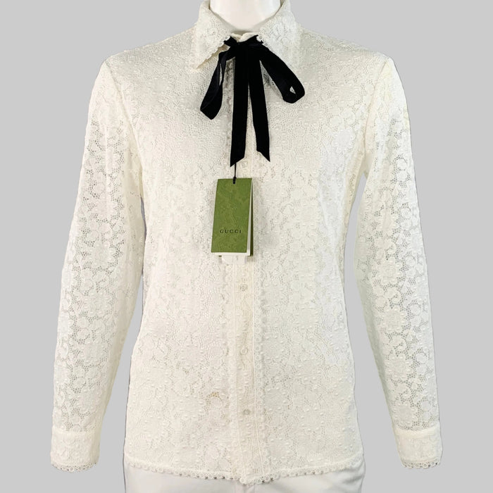 GUCCI by ALESSANDRO MICHELE Size L White Macrame Lace Cotton Blend Bow Long Sleeve Shirt