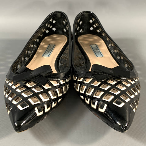 PRADA Size 6.5 Black White Leather Cut Out Pointed Toe Flats