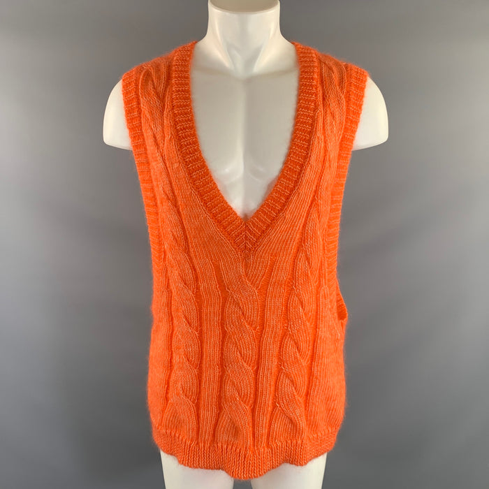 WALTER VAN BEIRENDONCK Size S Orange Cable Knit Mohair Blend Oversized Vest