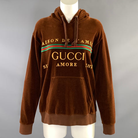 GUCCI Size S Brown Yellow Cotton Blend Logo Hooded Pullover