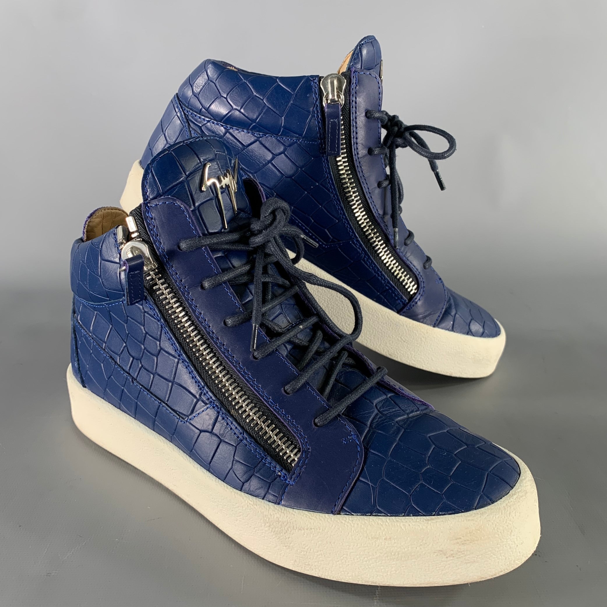 GIUSEPPE ZANOTTI Size 9.5 Blue White Embossed Leather High Top