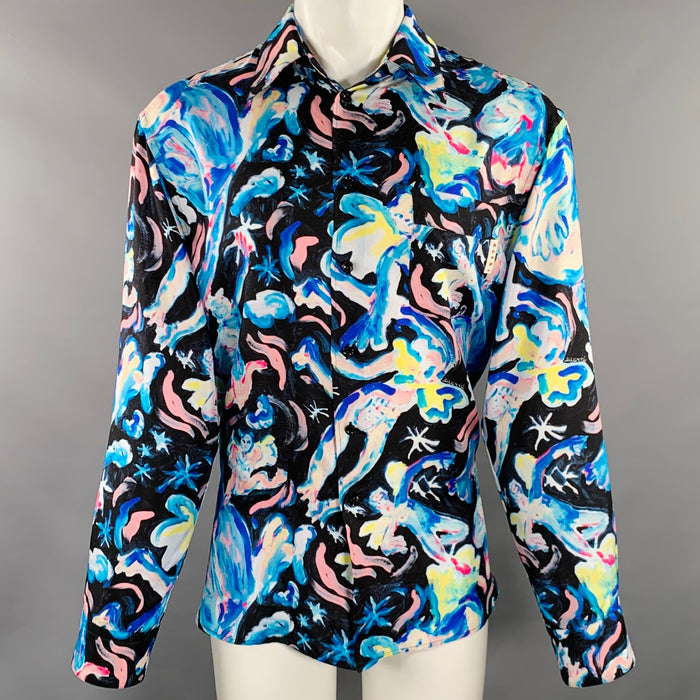 MARNI Size 40 Flaminia Veronesi Blue Black Print Silk Button Up Long Sleeve Shirt