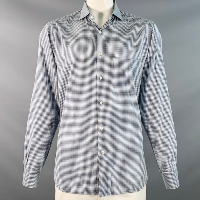 LORO PIANA Size XXL Navy Black White Gingham Cotton One Pocket Long Sleeve Shirt