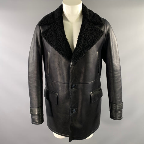KITON Chest Size 40 Size 40 Black Leather Button Up Coat