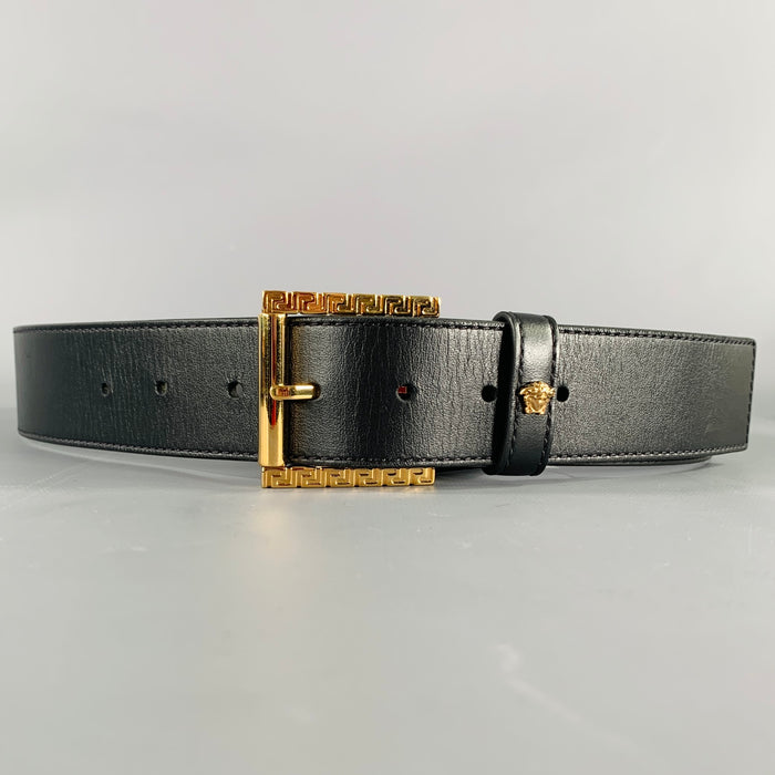 VERSACE Size 34 Black Gold Greca Leather Belt