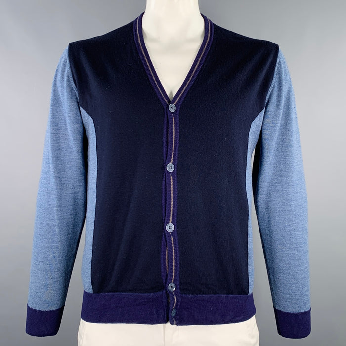 ETRO Size L Navy Grey Color Block Wool V-Neck Cardigan