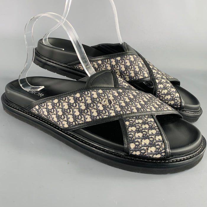 DIOR HOMME Sandales à brides en toile oblique bleu marine et beige, taille 12