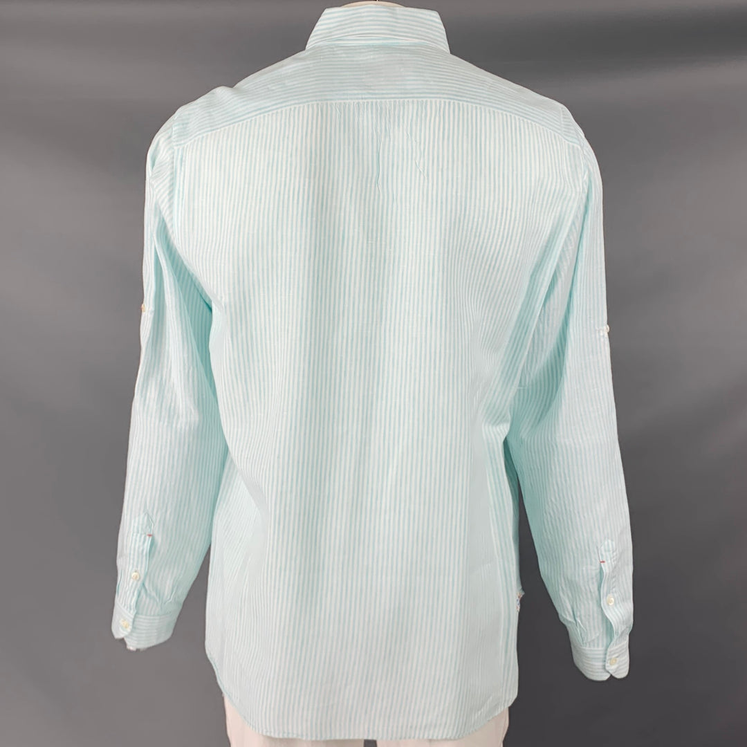 ISAIA Size XL Blue White Stripe Linen Cotton Roll Tab Long Sleeve Shirt