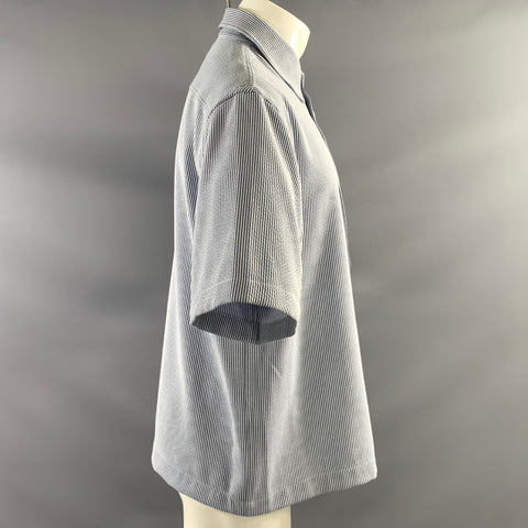 REISS Size L Blue White Stripe Polyester Blend Button Up Short Sleeve Shirt