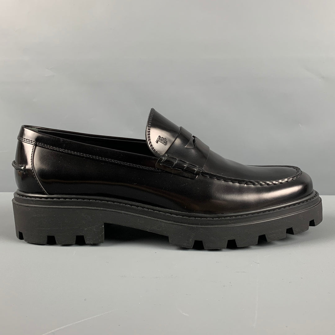 TOD'S Size 11.5 Black Solid Leather Track Sole Loafers