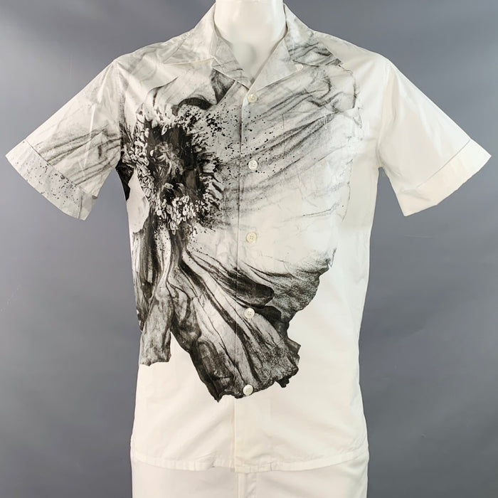 ALEXANDER MCQUEEN Size XL White Grey Floral Print Cotton Short Sleeve Shirt