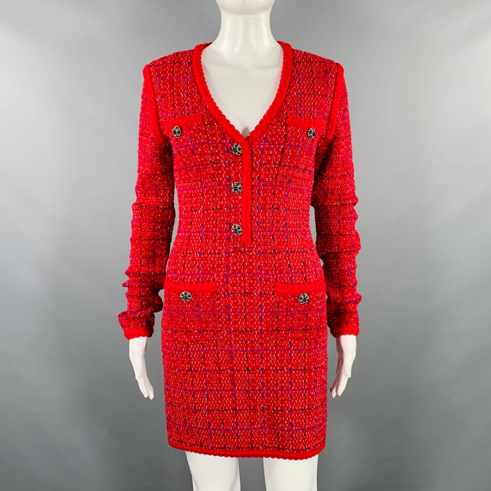 SELF-PORTRAIT AW22 Size S Red Blue Wool Blend Windowpane Cardigan Mini Dress