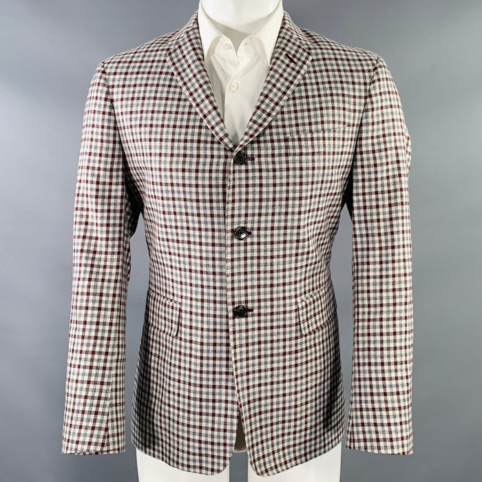BLACK FLEECE Size 40 Grey Burgundy Plaid Wool Silk Linen Sport Coat