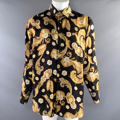 BILLIONAIRE COUTURE Size M Black Yellow Paisley Silk Button Up Long Sleeve Shirt