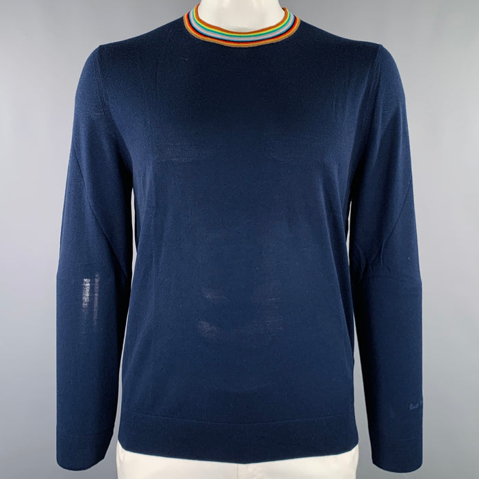 PAUL SMITH Size L Navy Multi Color Merino Wool Contrast Trim Pullover