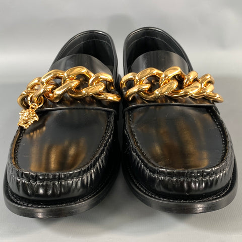 VERSACE SS2021 Size 9 Black Gold Leather Loafer Flats