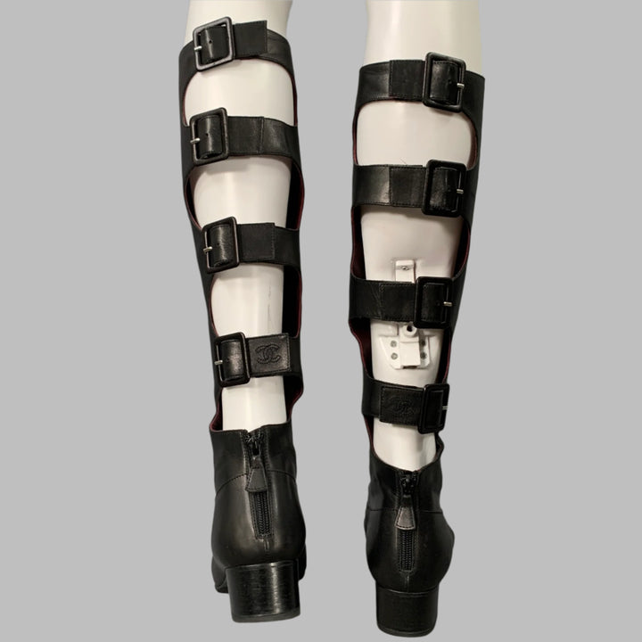 CHANEL Size 6.5 Black Leather Knee High Buckles Boots