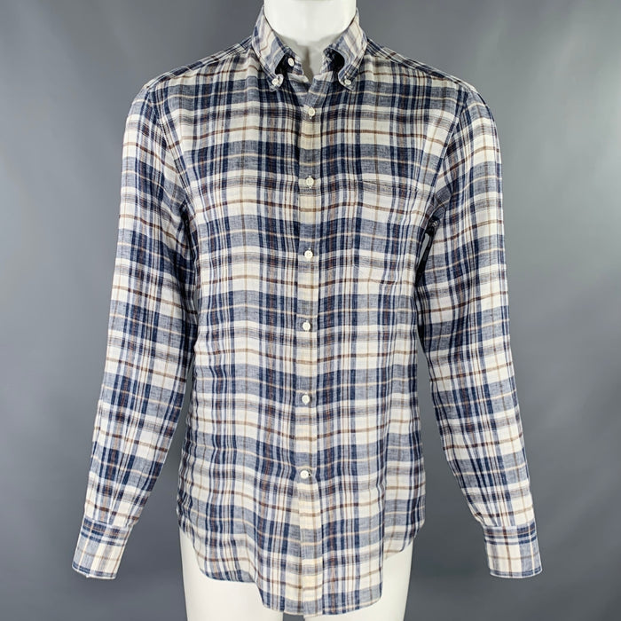 BRUNELLO CUCINELLI Size M Blue Brown Plaid Linen Button Down Long Sleeve Shirt