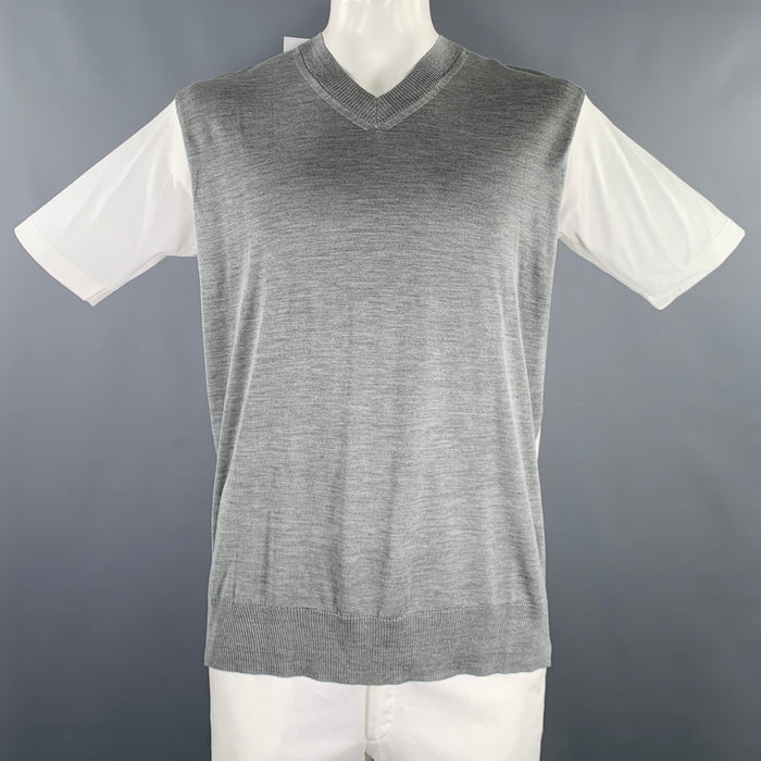 JUNYA WATANABE 2019 Size L White Grey Mixed Materials Silk Cotton V-Neck T-shirt