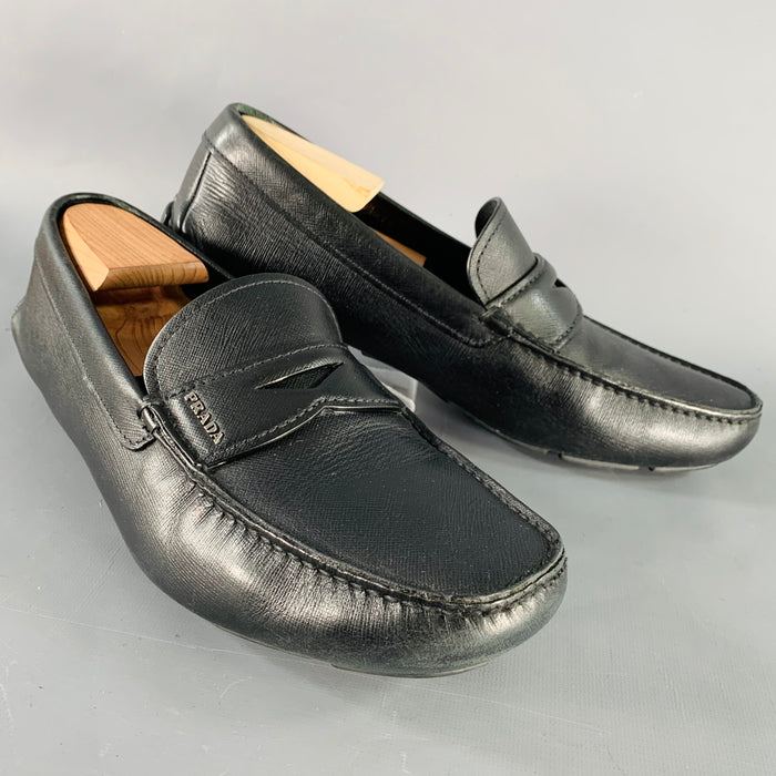 PRADA Size 10.5 Black Saffiano Leather Drivers Penny Loafers