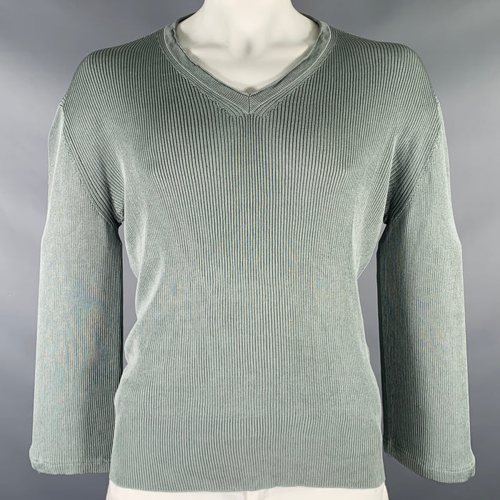 TOM FORD Size XL Green Grey Rib Knit Silk V-Neck Pullover