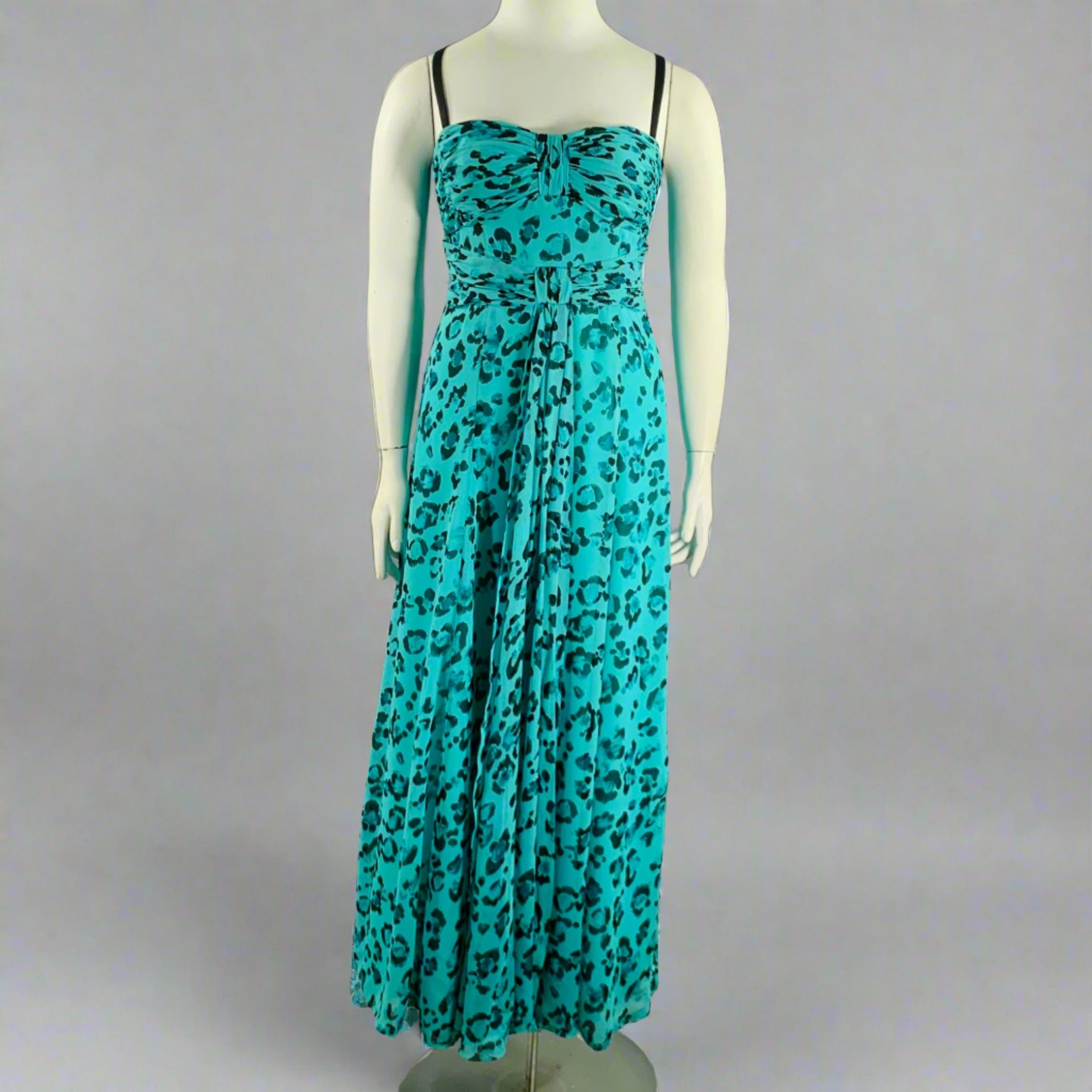 NANETTE LEPORE Size 10 Black Turquoise Silk Animal Print Ruched Dress Sui Generis Designer Consignment NANETTE LEPORE Size 10 Black Turquoise Silk Animal Print Ruched Dress Sui Generis Designer Consignment