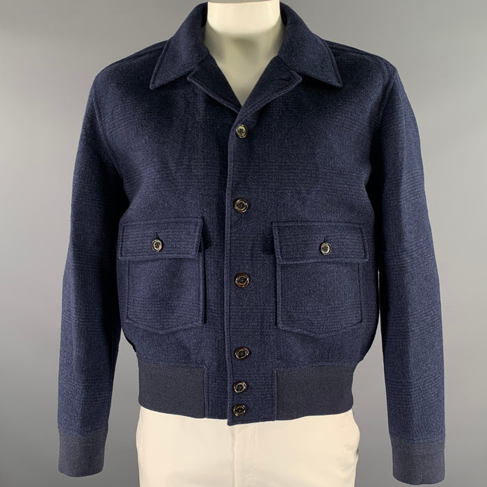 RALPH LAUREN Size L Navy Glen Check Wool/Polyestar/Cashmere Flight Jacket