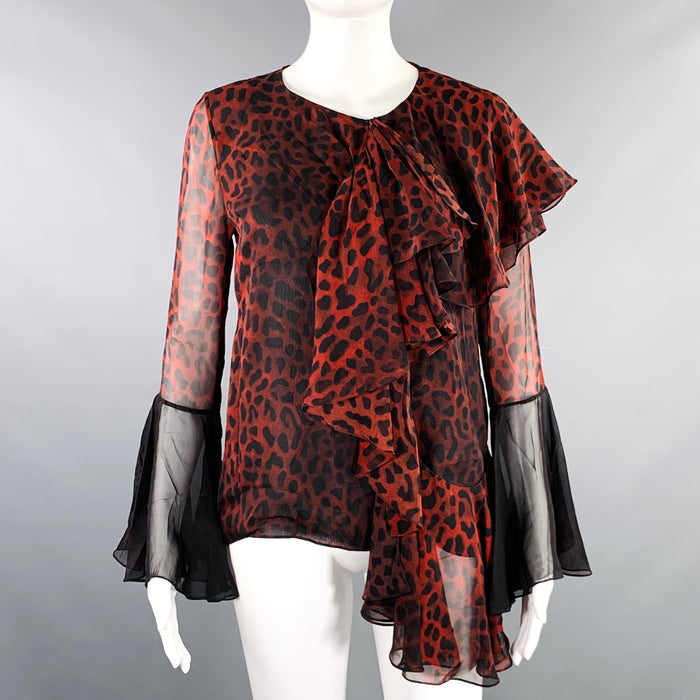 TOM FORD Size 4 Black Burgundy Silk Animal Print Ruffle Blouse