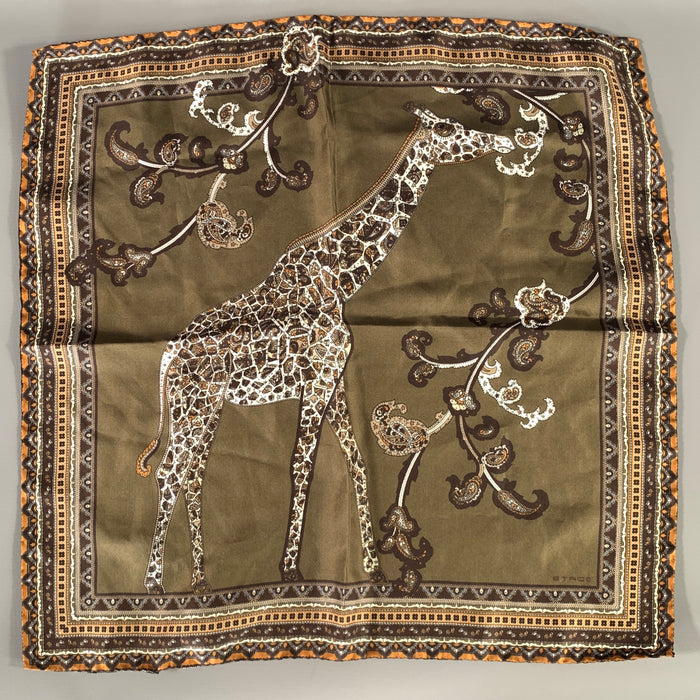 ETRO Green Brown Giraffe Silk Pocket Square