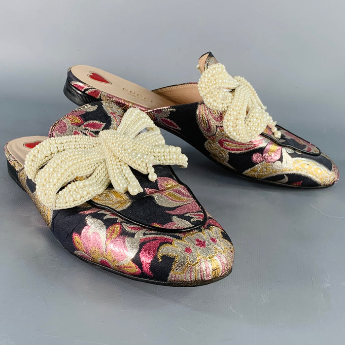 GUCCI Size 9.5 Princetown Black Multi Color Faux Pearl Bows Slip On Flats