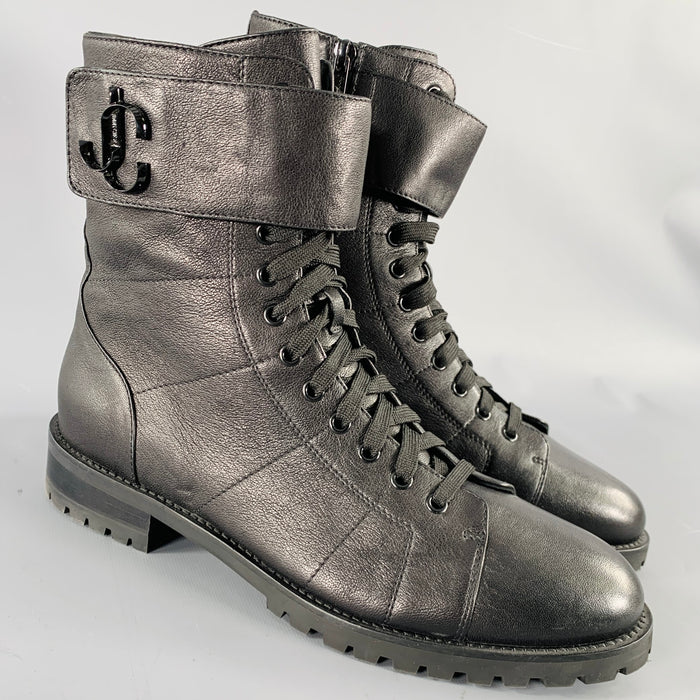 JIMMY CHOO Size 10 Black Leather Zip Lace-Up Boots