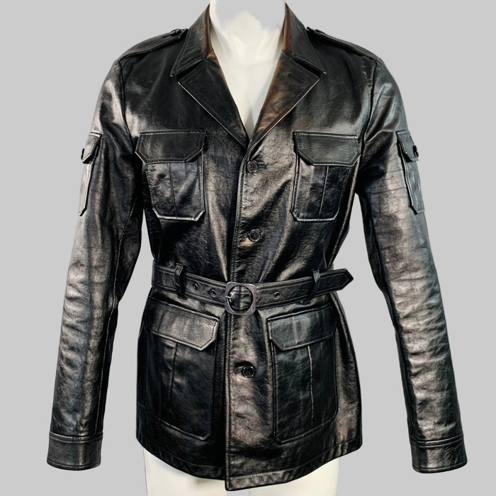 SAINT LAURENT Size M Black Calf Leather Belted Jacket